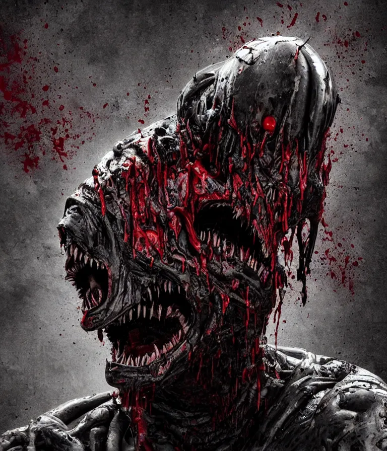 Image similar to very terrifying cenobite xenomorph demon splattered with blood, portrait showing entire scary head, neo-expressionistic, maximalist, horror monster masterpiece, trending on DeviantArt, 4K resolution, dark cinematic, hyperrealism, octane render, volumetric lighting, ultra-detailed, chiaroscuro, dark black background, in the style of Giger and Ralph Steadman and Da Vinci,