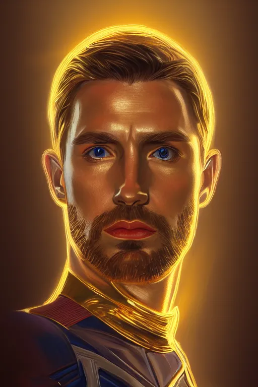 Image similar to Portrait of captain america, elegant, photorealistic, highly detailed, artstation, smooth, sharp focus, gold ornaments, neon lighting, sci-fi, art by Klimt