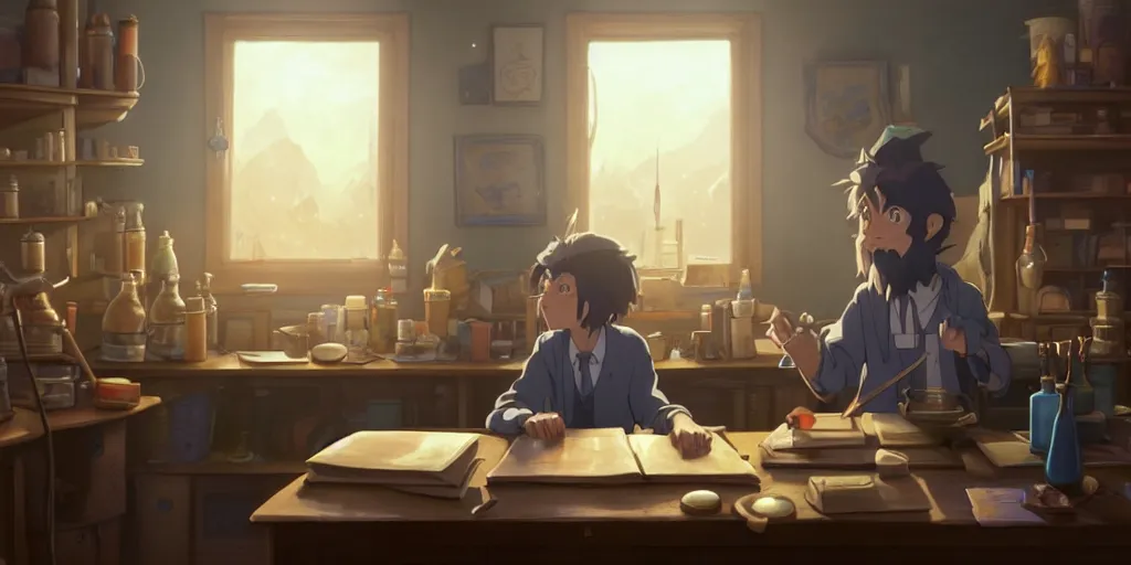 Image similar to a wizard with brown hair is standing at his desk working with jars of liquids, beakers of bubbling potions, coherent, medium shot, waist up, studio ghibli, pixar and disney animation, sharp, rendered in unreal engine 5, anime key art by greg rutkowski, bloom, dramatic lighting