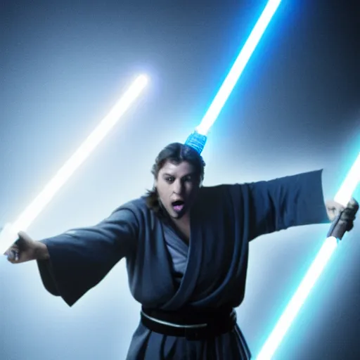 Prompt: jedi holding a blue light saber, arms wide apart, shouting at the camera