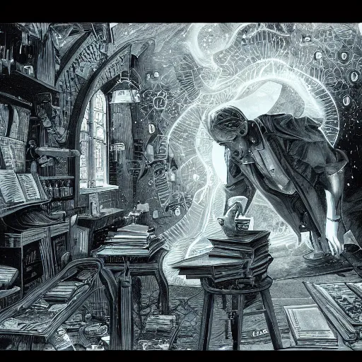 Image similar to a professor looking at stuff, higly detailed, dimm light, award - winning illustration, mystic