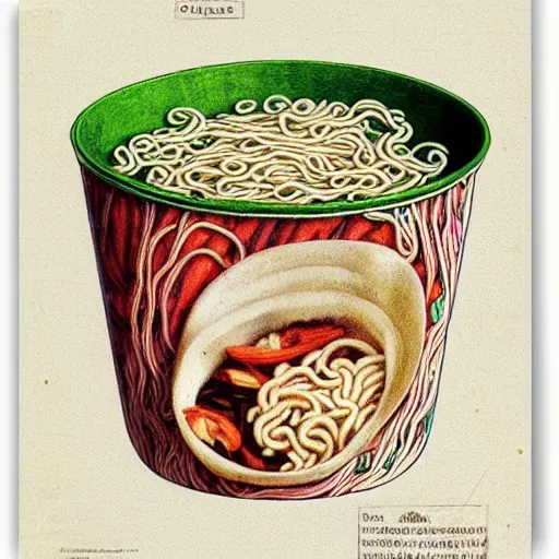 Image similar to anatomical diagram of instant noodle cup, by maria sibylla merian, styrofoam instant ramen cup, maruchan