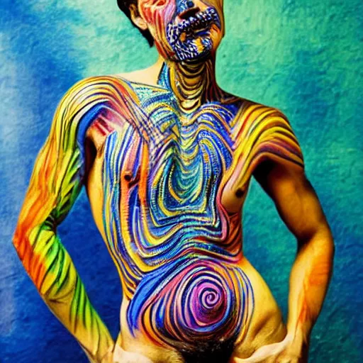 Prompt: stylized bodypaint by paul signac, photography. very detailed human form.