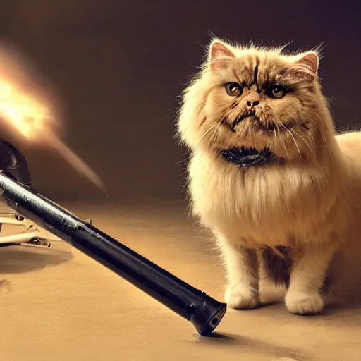 Image similar to persian cat holding a bazooka gun, photo, 4 k, hyper realistic,