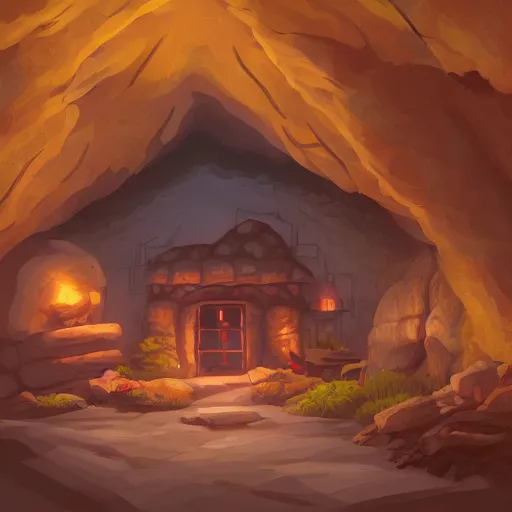 Prompt: cabin in a cave, artstation, digital art, felix Kelly