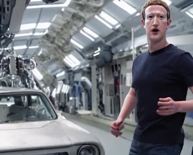 Image similar to mark zuckerberg plays terminator in scene where his endoskelet gets exposet, action film scene