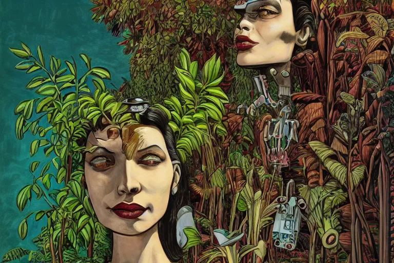 Image similar to gigantic robot - girl head floating in the space, a lot of exotic plants, trees, flowers, oldschool vintage sci - fi flat surreal grainy design, super - detailed, painting by art spiegelman, hd, 4 k, high quality