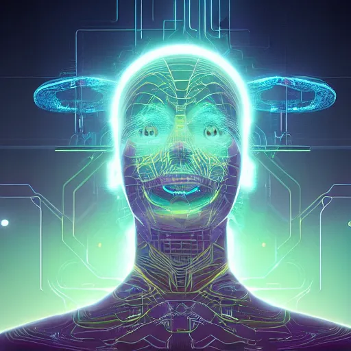 Image similar to artificial intelligence bestowing enlightenment upon mankind in the style of beeple, biopunk, futuristic, 8 k resolution, trending on artstation, cg society, award winning