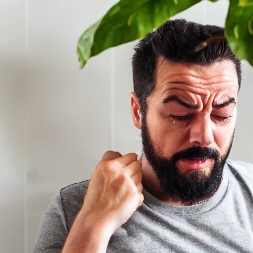 Prompt: a man sobbing over his dying potted plant