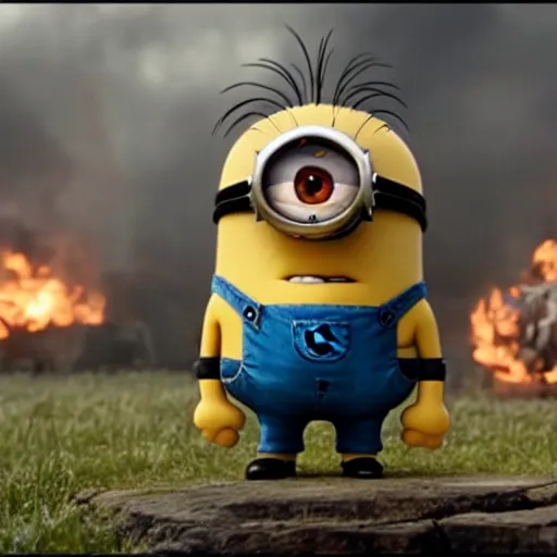 Prompt: a minion on the movie the avengers. cinematic shot.