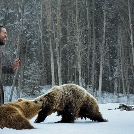 Image similar to leornado dicaprio shrugs and laughs at a bear in a scene from the revenant, beautiful cinematic photography