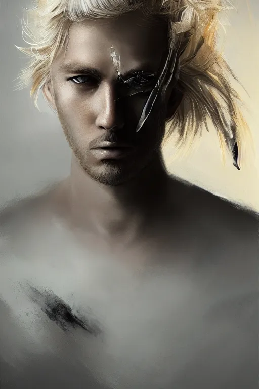 Image similar to blonde wild hair man, black eye - patch, close - up portrait, plain white tshirt, powerfull, intricate, elegant, volumetric lighting, scenery, digital painting, highly detailed, artstation, sharp focus, illustration, concept art, ruan jia, steve mccurry