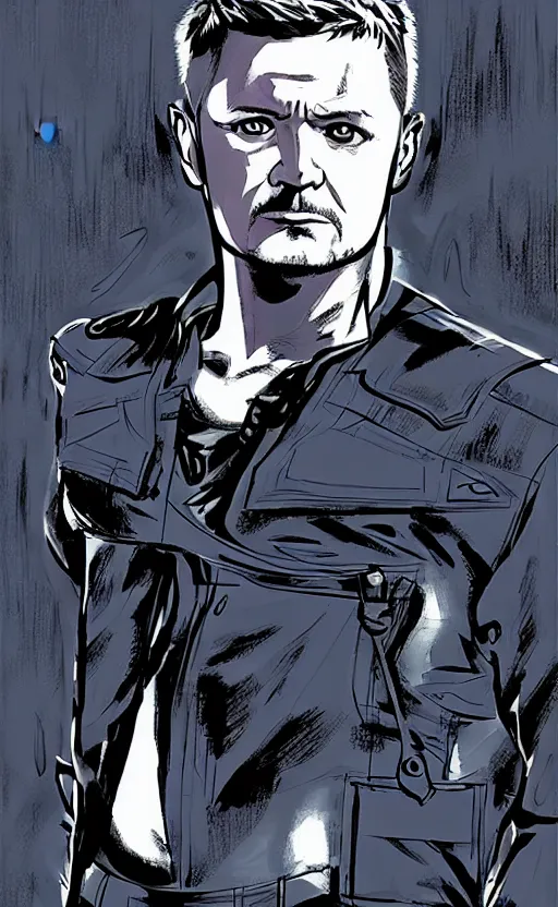 Image similar to hawkeye, comic style, volumetric lighting, high contrast, standing, portrait, facing forward, face in focus, art by David Aja