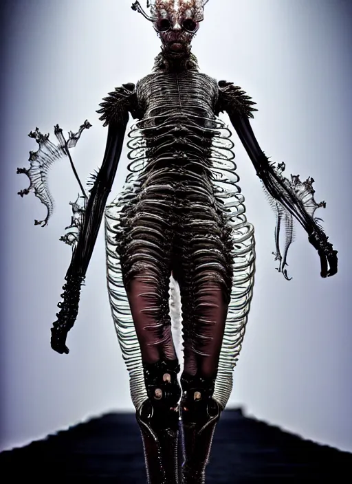 Image similar to walking down the catwalk, show, stage, vogue photo, podium, fashion show photo, historical baroque dress, iris van herpen, beautiful woman, full body shot, masterpiece, inflateble shapes, alien, plant predator, guyver, jellyfish, wires, veins, white biomechanical details, wearing epic bionic cyborg implants, highly detailed