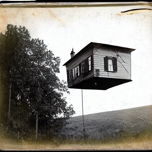 Image similar to A tintype photo of a house floating 10 feet above the ground. The house has legs and is walking away