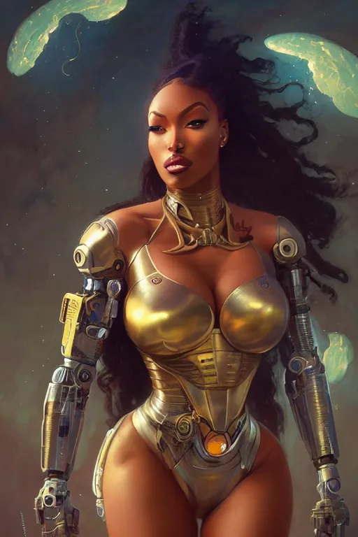 Prompt: cyborg megan thee stallion profile picture by greg rutkowski, dynamic pose, intricate, futuristic, fantasy, elegant, by stanley artgerm lau, greg rutkowski, thomas kinkade, alphonse mucha, loish, norman rockwell,