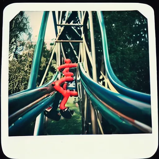 Prompt: black cat on a rollercoaster. happy. sunlight. polaroid photo. bright colors.