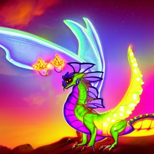 Prompt: florescent dragon with butterfly wings on a dusk lands, glow wave, neon, luminescent