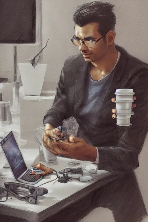 Prompt: a clean - shaven persian man drinking coffee from a paper cup at his work cubicle in front of a computer, by artgerm and yoshitaka amano, trending on artstation