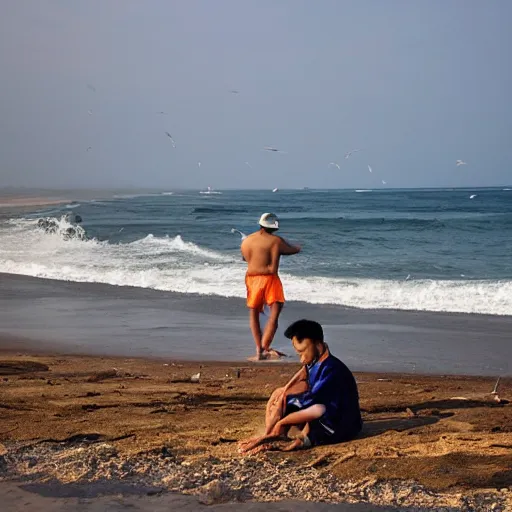 Prompt: foto orang sedang duduk di pantai