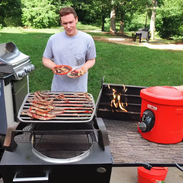 Prompt: a photograph of jerma 9 8 5 grilling worms for dinner