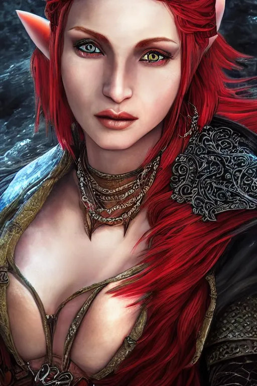 Prompt: alluring highly detailed matte close-up portrait of beautiful elf Shani (from Witcher 3) with flowing red hair wearing chesty chainmail bikini and a long black cloak, very detailed, realistic, manga, pen and ink