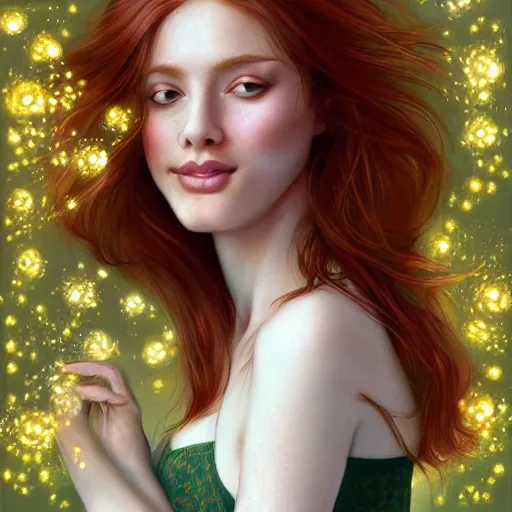 Image similar to a highly detailed, hyper realistic, red haired young woman, among golden fireflies, with long hair, green eyes, hint of freckles, round gentle face, toned abdomen, cheeky smile, deep focus, elegant, digital painting, smooth, sharp focus, golden ratio, illustration, ultra realistic, 8 k, art by artgerm and caravaggio