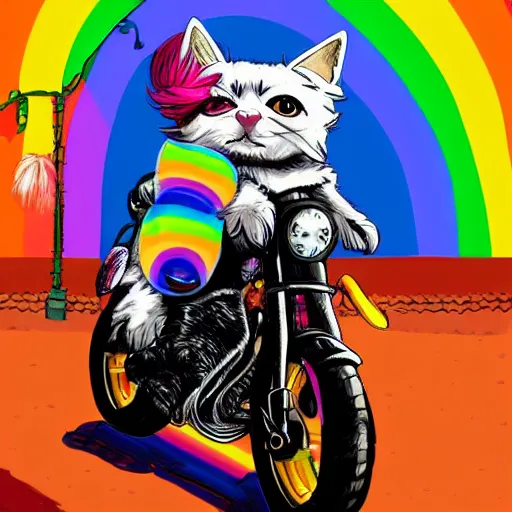 Image similar to wide angle full body, jacket wearing fluffy cute rainbow kitten wearing a black leather motorcycle jacket, riding on a motorcycle, cinematic concept art