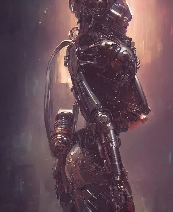 Prompt: portrait of a cyberpunk cyborg, half body, fantasy, intricate, elegant, highly detailed, digital painting, artstation, concept art, art by artgerm and greg rutkowski and alphonse mucha