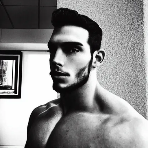 Image similar to “a realistic detailed photo of a guy who is an attractive humanoid who is half robot and half humanoid, who is a male android, Tyler Seguin, shiny skin, posing like a statue, blank stare”