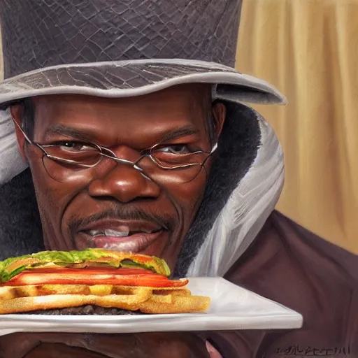 Image similar to highly detailed portrait painting of young samuel l jackson eating burger sitting on bench near moscow kremlin, balalaika, perfect symmetrical eyes, by eddie mendoza and tyler edlin, 8 k resolution