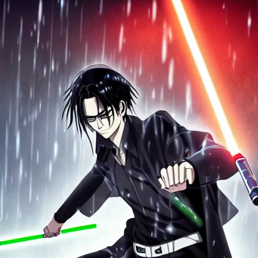 Image similar to Levi Ackerman in a fight using lightsabers, 4k wallpaper, handsome face, HD anime, realistic anime, rain aesthetic