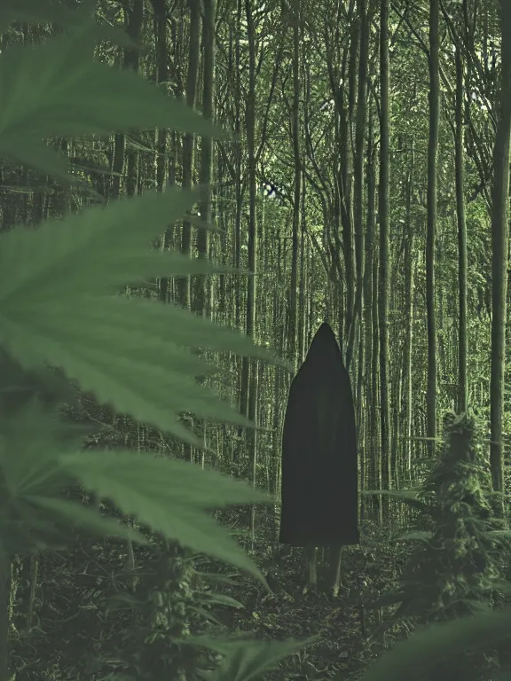 Image similar to hooded figure in cannabis forest, film photo, grainy, high detail, high resolution,