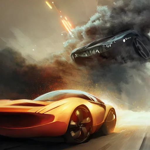 Image similar to big car exploding at high speed, elegant, digital painting, concept art, smooth, sharp focus, art style from Wang Ke and Greg Rutkowski and Bruce Kaiser and Scott Robertson and Dmitry Mazurkevich and Doruk Erdem and Jon Sibal, small style cue from Blade Runner and Minority Report and iRobots
