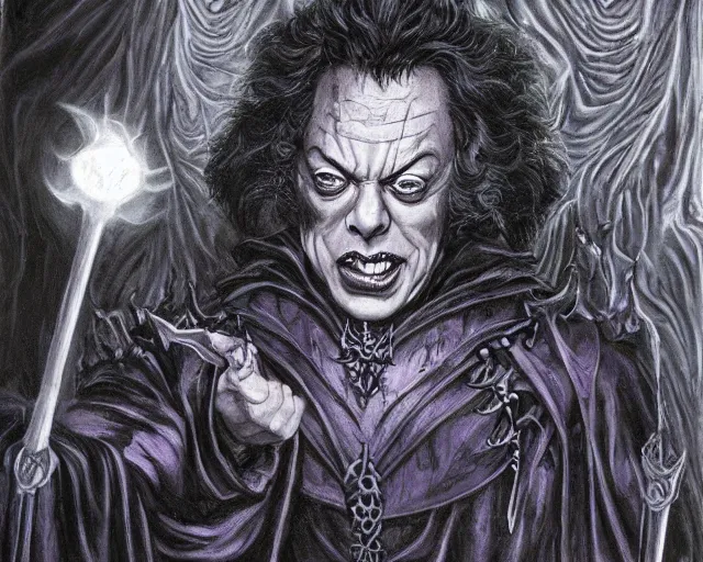 Prompt: tim curry as a dark magic wizard casting evil spells, fantasy art, d & d, extremely detailed, high quality, award - winning,