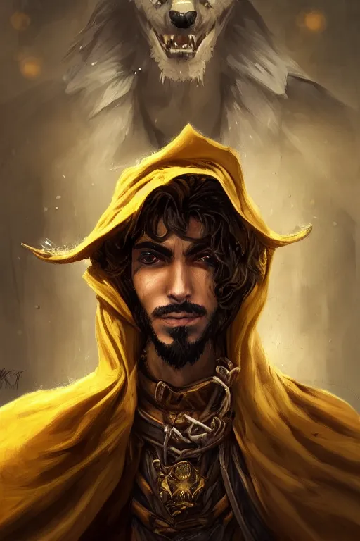 Image similar to portrait of young wild arabian nomad half werewolf, with yellow cloths, league of legends splash art, castlevania, hearthstone splash art, full body shot, rule of thirds, ultrafine hyperrealistic detailed face, artgerm, greg rutkowski, trending on artstation, 8 k, intricately detailed, highly detailed