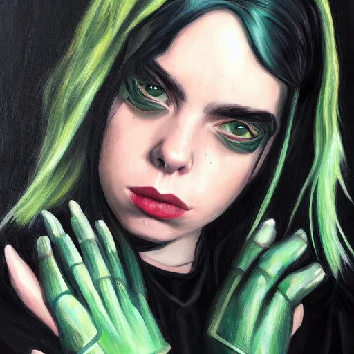 Prompt: Billie Eilish as female loki, oil on canvas, noir, trending on artstation