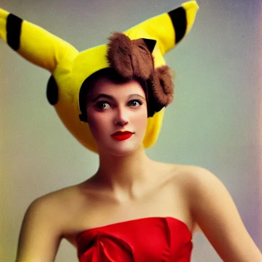 Image similar to elegant woman dressed up as pikachu, art photo in color by Annie Liebovitz and Frantisek Drtikol, digital photo, clean, sharp, smooth, glossy color photo, Nikon, Sigma art lens