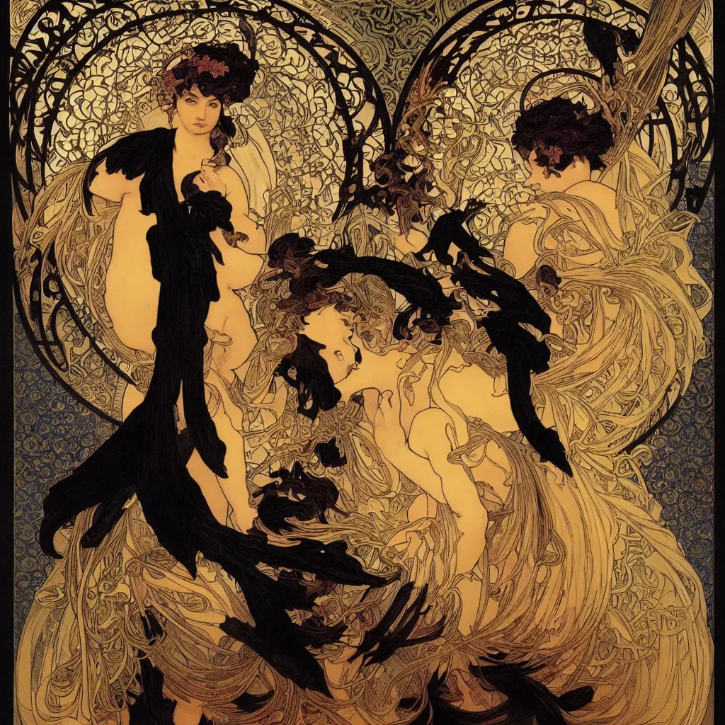 Prompt: a _ portrait _ of _ a _ beautiful _ angel _ in _ black _ flames _ by _ ross _ tran _ and _ alphonse _ mucha _ and _ greg _ rutkowski _ and _ gustav _ dore