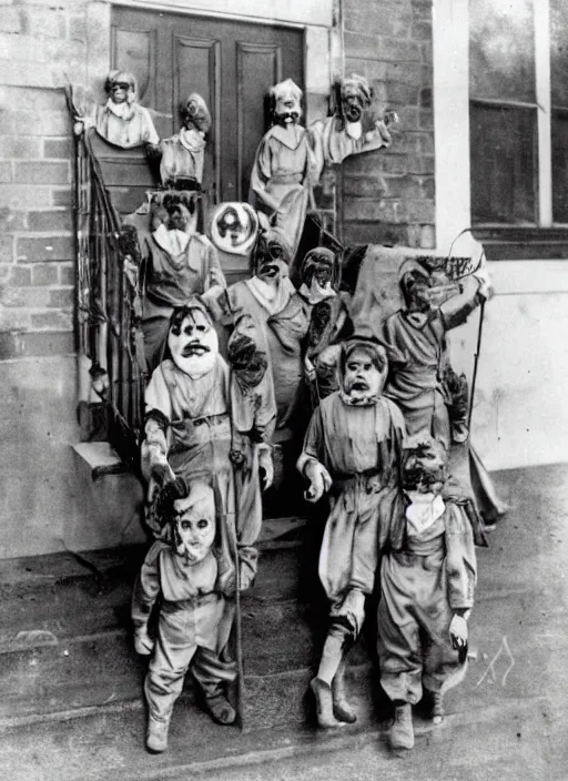 Prompt: photograph from 1903 of Halloween trick or treaters wearing Ghostbusters costumes, highly detailed, vintage film