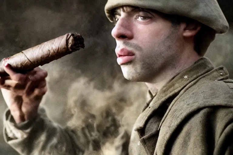 Image similar to jay baruchel smoking cigar, as world war 1 soldier in the trenches, cinematic lighting, high contrast, 4 k hdr imax cinematography by roger deakins, award winning shot, beautiful composition, principal photography, vfx action shot