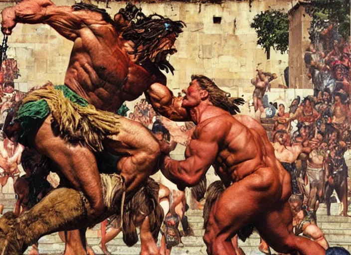 Image similar to dorian yates as hercules faces the minotaur, greek temple, dynamic action, by norman rockwell and jesper ejsing and tom lovell and frank schoonover