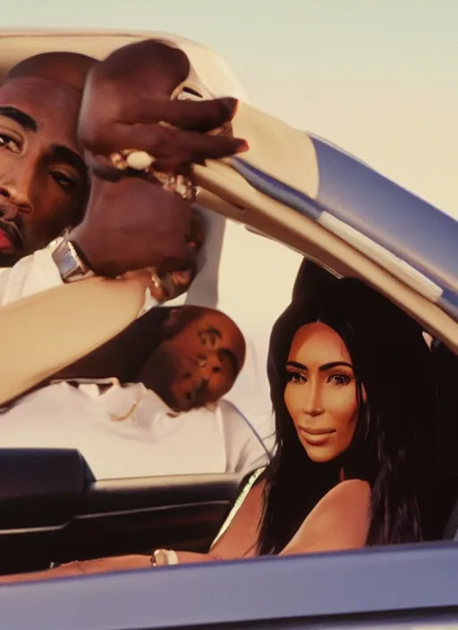 Image similar to film still of Tupac sitting inside a black bmw in las vegas with kim kardashian, 4k