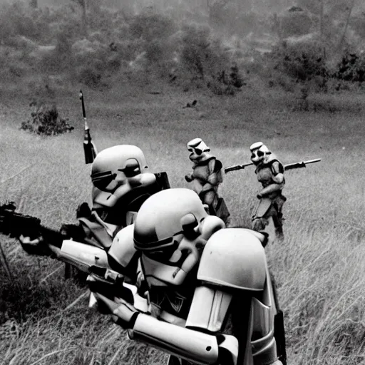 Image similar to star wars clone troopers combat soldiers in vietnam, photo, old picture, lush landscape, jungle, firearms, explosions, helicopters, aerial combat, active battle zone, flamethrower, air support, jedi, land mines, gunfire, violent, star destroyers, star wars lasers, sci - fi, jetpacks, agent orange, bomber planes, smoke, trench warfare