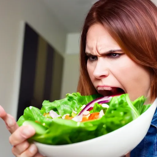 Image similar to stock photo of woman angrily eating salad