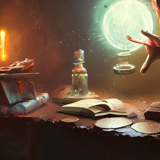 Image similar to hyper realistic, table, wizards laboratory, greg rutkowski, mortar, pestle, balance with glowing powder, energy flowing, magic book, beakers of colored liquid, tony sart