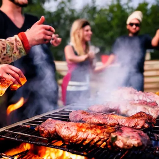 Image similar to a babushka grilling meat on a barbeque, people are dancing and having fun with beers in their hands