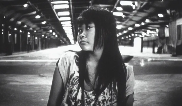 Prompt: A Filipino girl waits for a train, 35mm film, by Gregg Araki