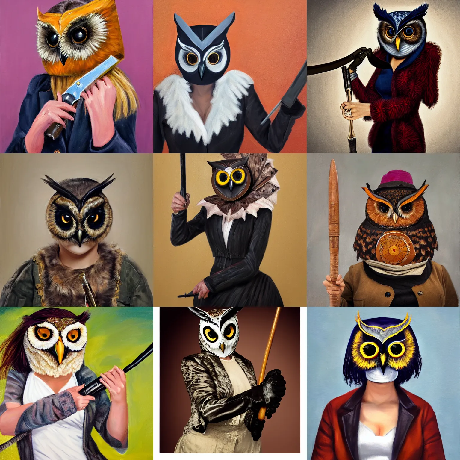 Prompt: an hd portrait painting of a woman in an owl mask. she is wearing a jacket, and is brandishing a weapon menacingly.