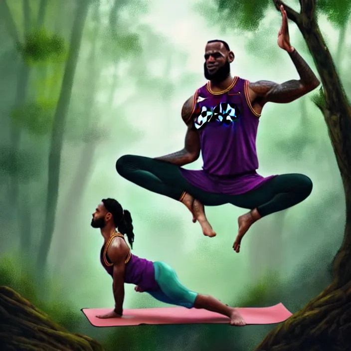 Image similar to lebron james doing yoga in the forest, epic professional digital art, best on artstation, cgsociety, wlop, behance, pixiv, cosmic, epic, stunning, gorgeous, much detail, much wow, masterpiece by dorian cleavanger and stanley lau